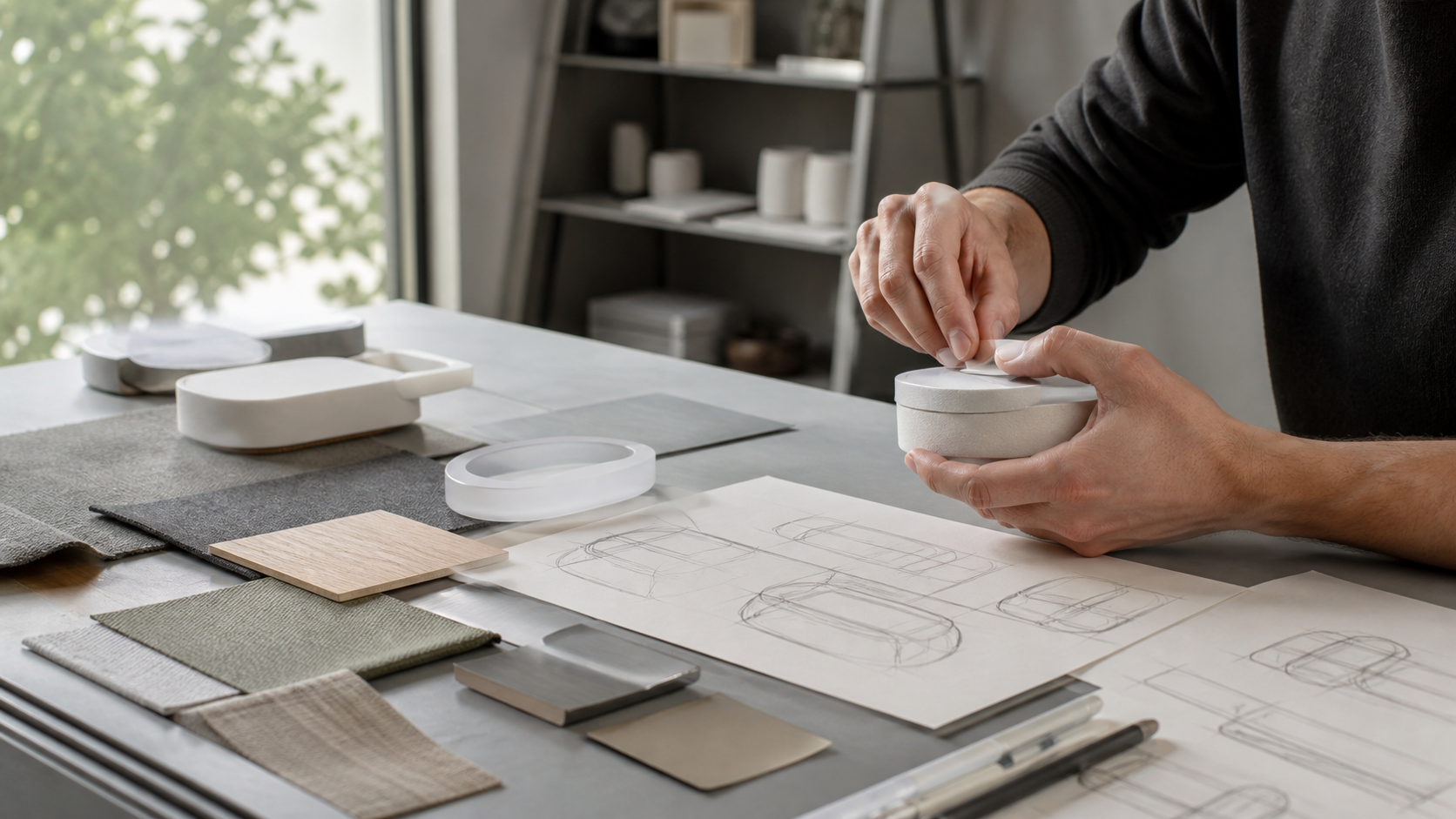 Product designer working with prototypes and material samples
