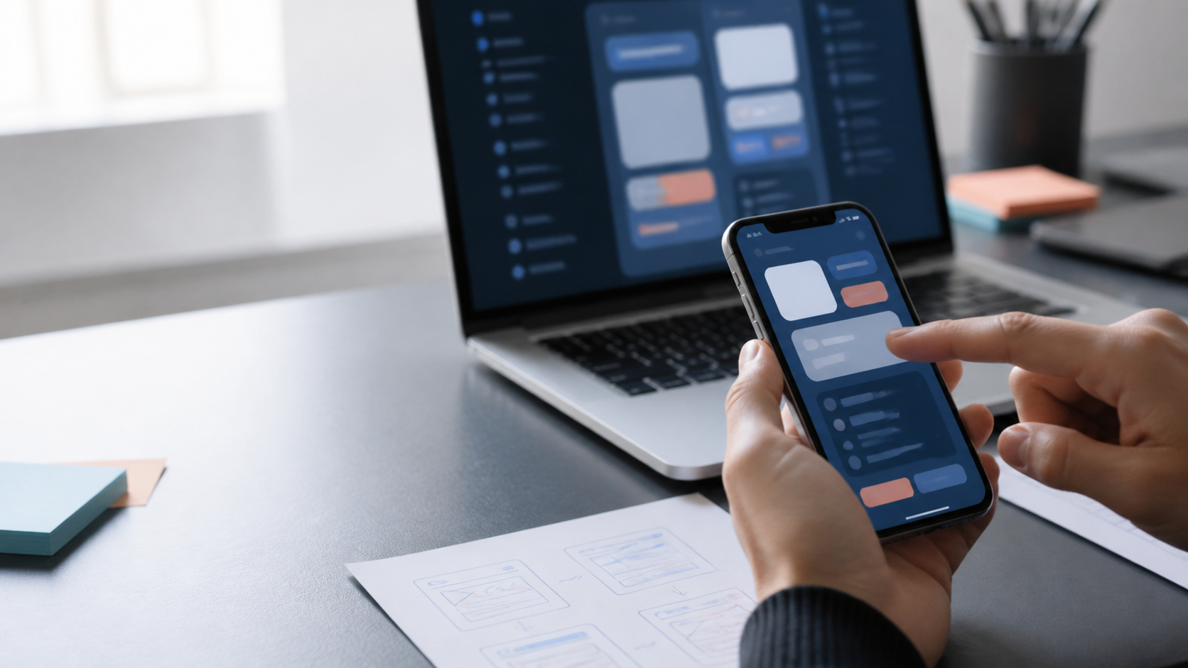 Web and mobile app interface on a phone and laptop